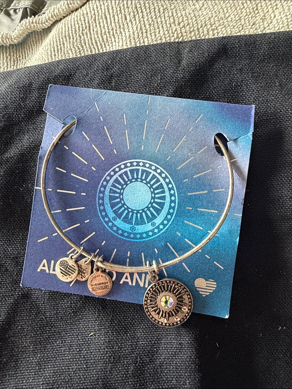 Alex and Ani Bronze Sunburst Charm Bangle with Iridescent Center